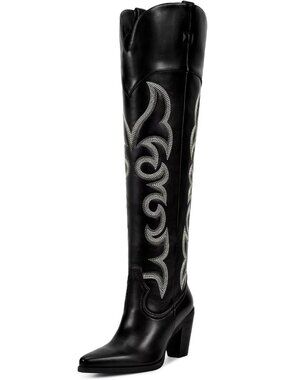 Women's Over Knee Black Western Boot with Pull On Tab Chunky Heel Cowgirl Boots